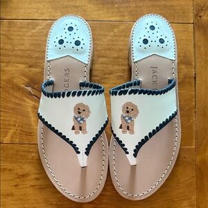 Jack Rogers White Leather Sandals with Navy Trim and golden doodle Appliqués